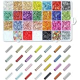 5040pcs Bugle Beads for Embroidery, Embroidery Glass Long Tube Beads Kits for Crafts, DIY Earrings,Bracelets, Necklaces, Jewelry Making(28 Colors 7mm Pouring Silver)