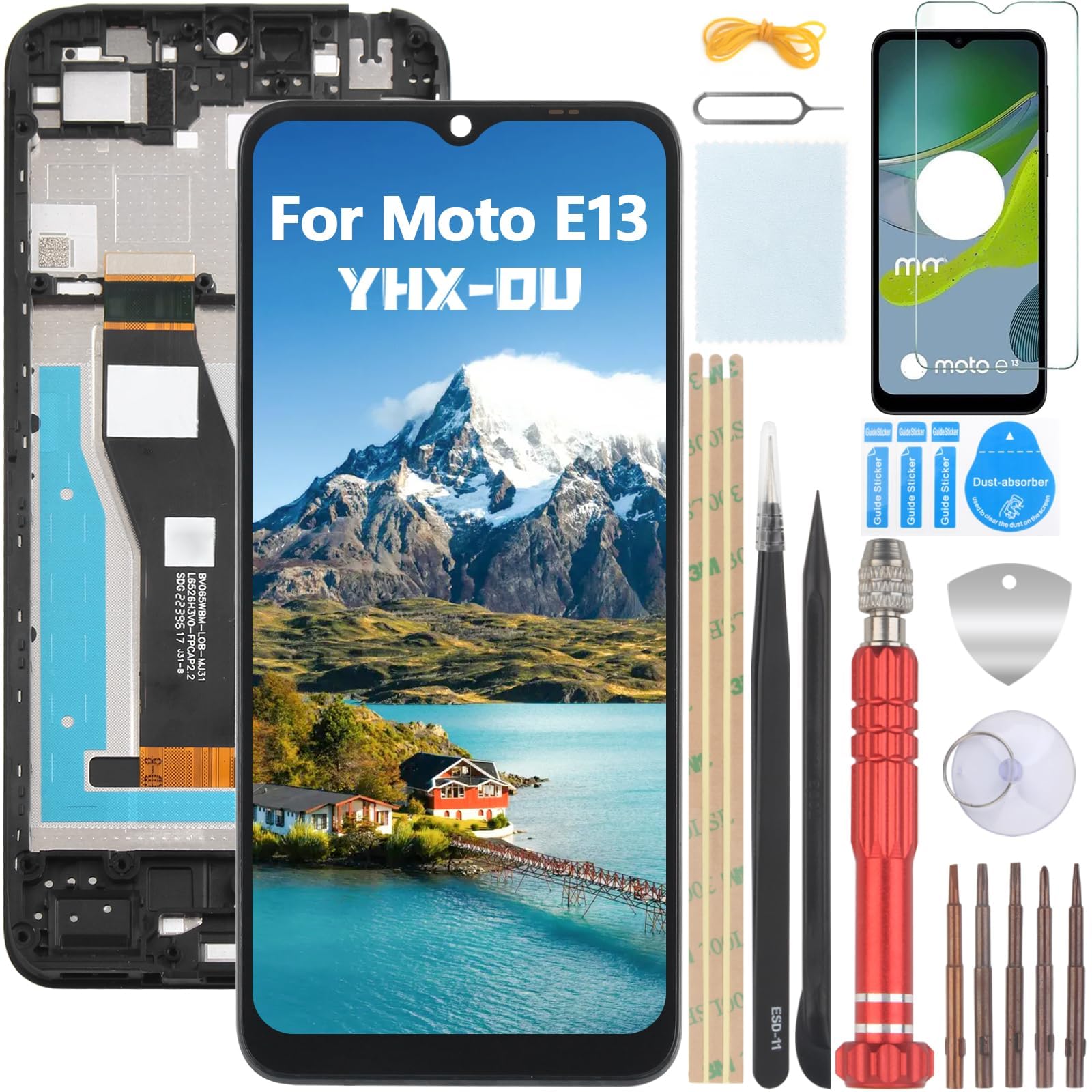 YHX-OU Screen replacement for Motorola Moto E13 LCD Display Compatible with Moto E13 Touch Screen Digitizer Assembly 6.5 inches Black with Frame with Repair Tools