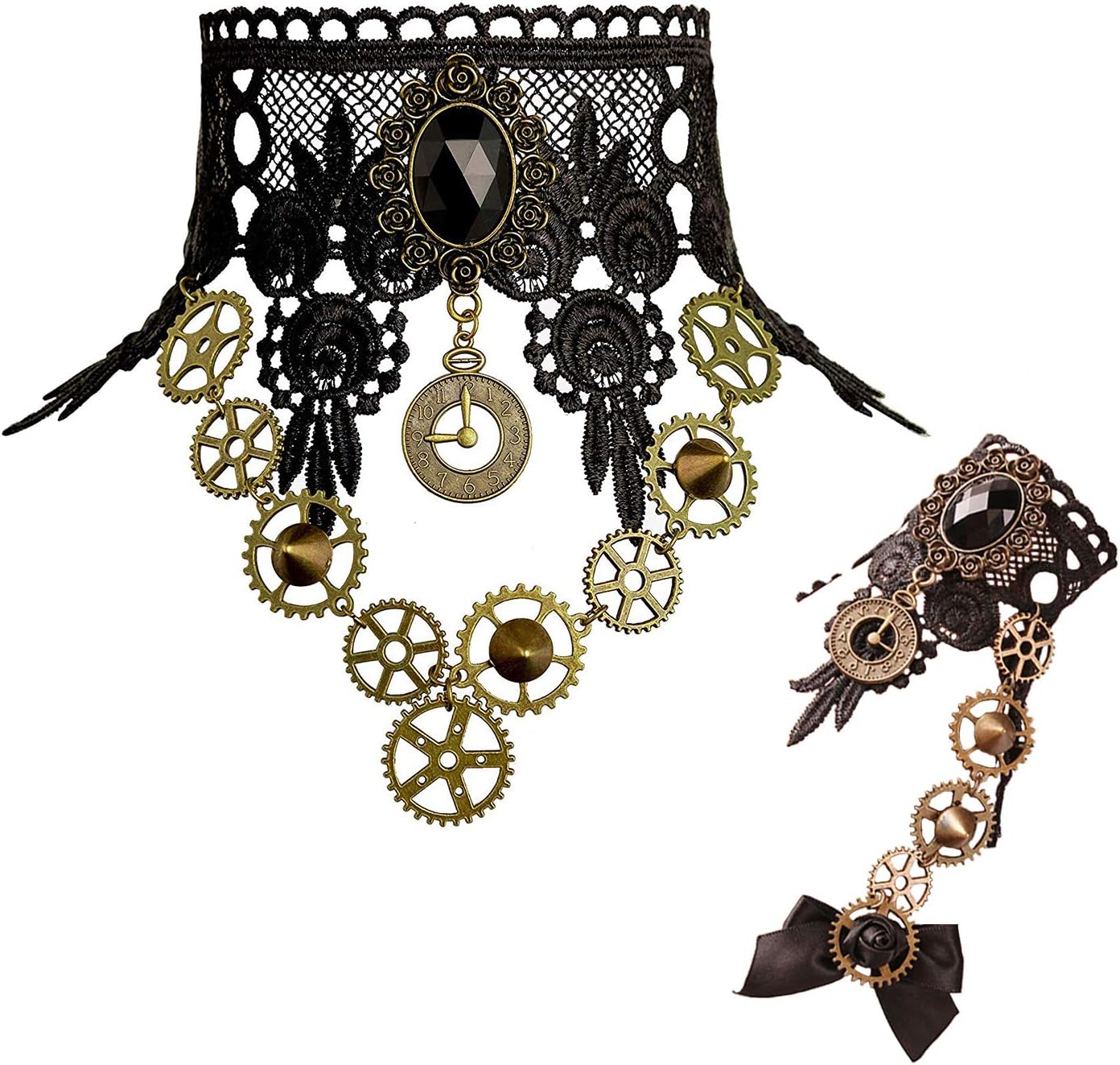 QrettieChoker Necklace for Steampunk Halloween Punk Costume Party Retro Gear Clock Cog Women Gothic Black Lace Necklaces Halloween Lolita Victorian Steam Punk Choker Pendant