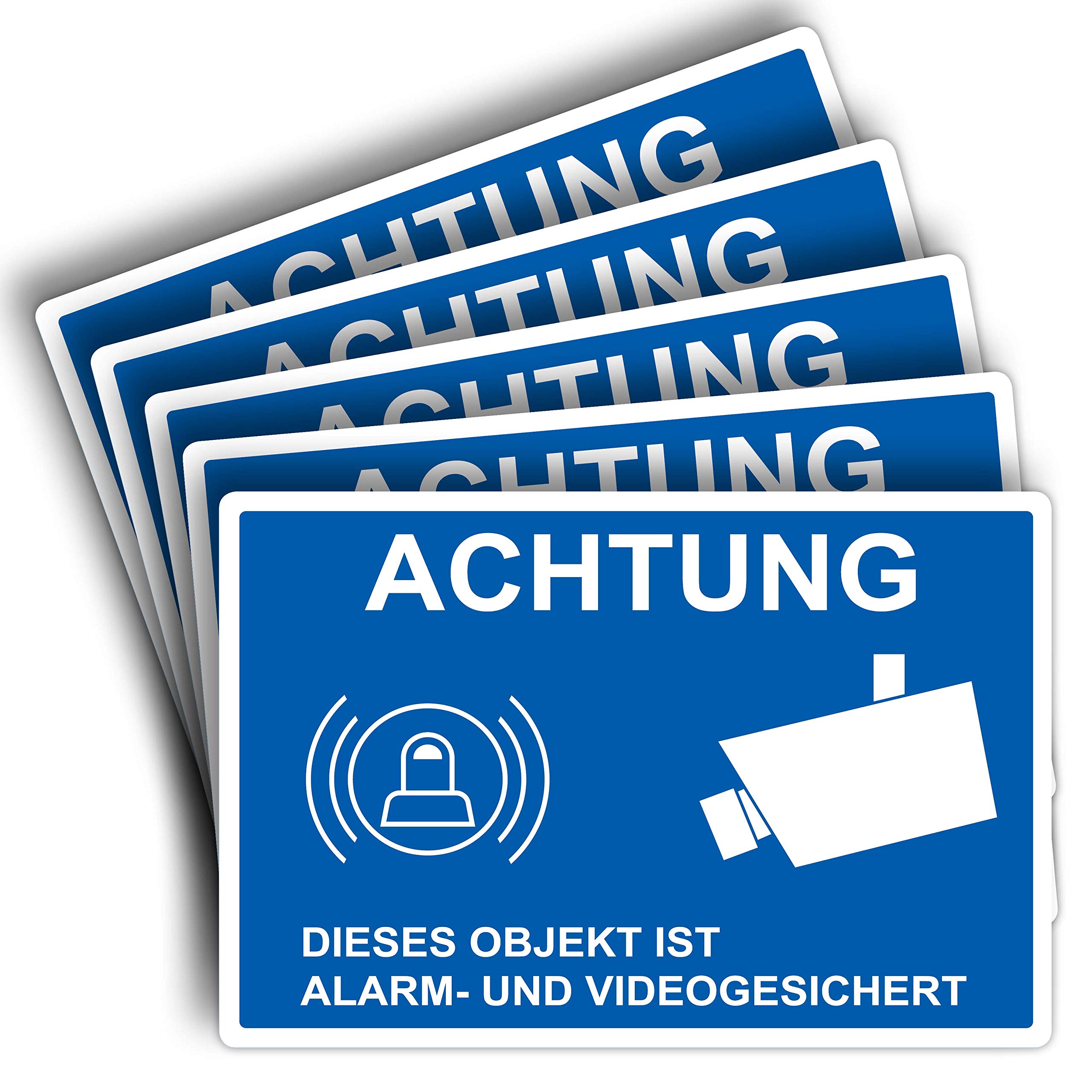 Achtung dieses Objekt ist Alarm und Videogesicht Sign, 20 x 30 cm, Made From Sturdy PVC Hard Foam Board, 3 mm, This Area Is Video Surveillance with UV Protection, Pack of 5 STROBO