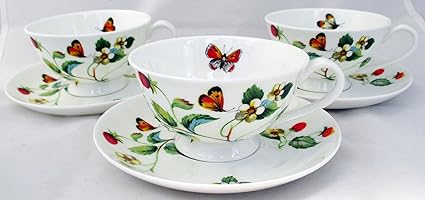 Fresas y mariposas fino de China de hueso del café del té juego de taza