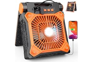 JINLICTE Solar Camping Fan with LED Lantern, 20000mAh Rechargeable Battery Powered with 10W Solar Panel and Emergency Power Bank, Quiet Battery Operated Tent Fan for Picnic, Barbecue, Fishing, Travel