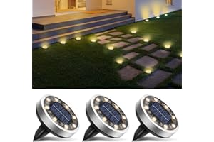 btfarm 3 Pack Solar Ground Lights Outdoor, 8 LED Solar Disc Lights IP65 Waterproof Flat Light, Pathway Light Solar Powered for Garden Lawn Patio Yard Path Landscape, Warm White