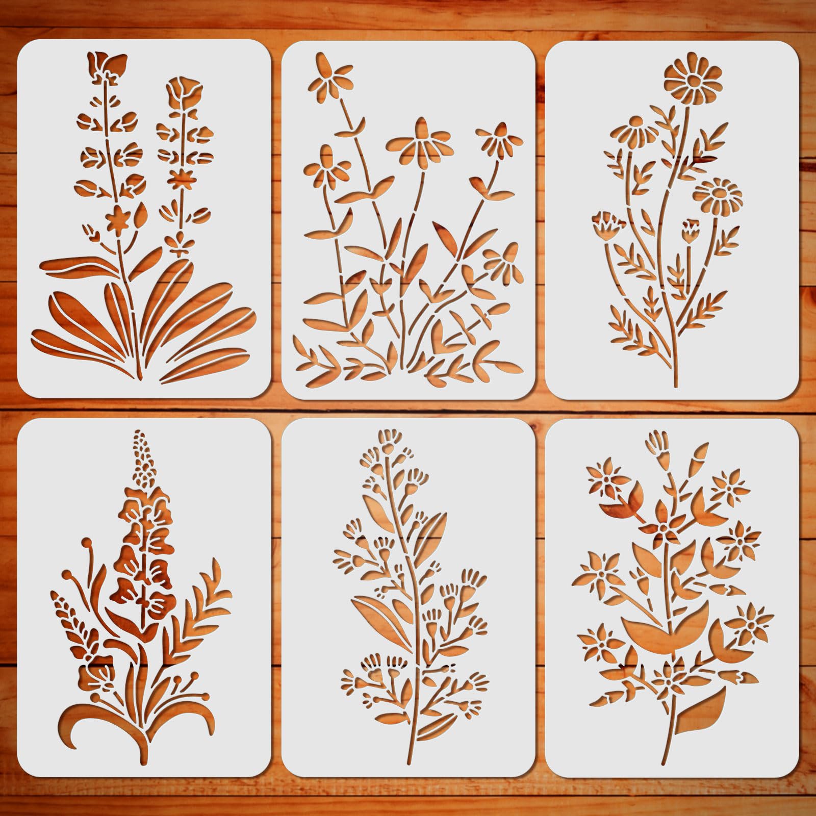 ORIGACH 6 PCS Large Wildflower Stencils - 21 x 29.7 CM - Bouquet Painting Stencils for Wood, Wall, Canvas - Reusable Template for Home Decor DIY Craft Art Gift