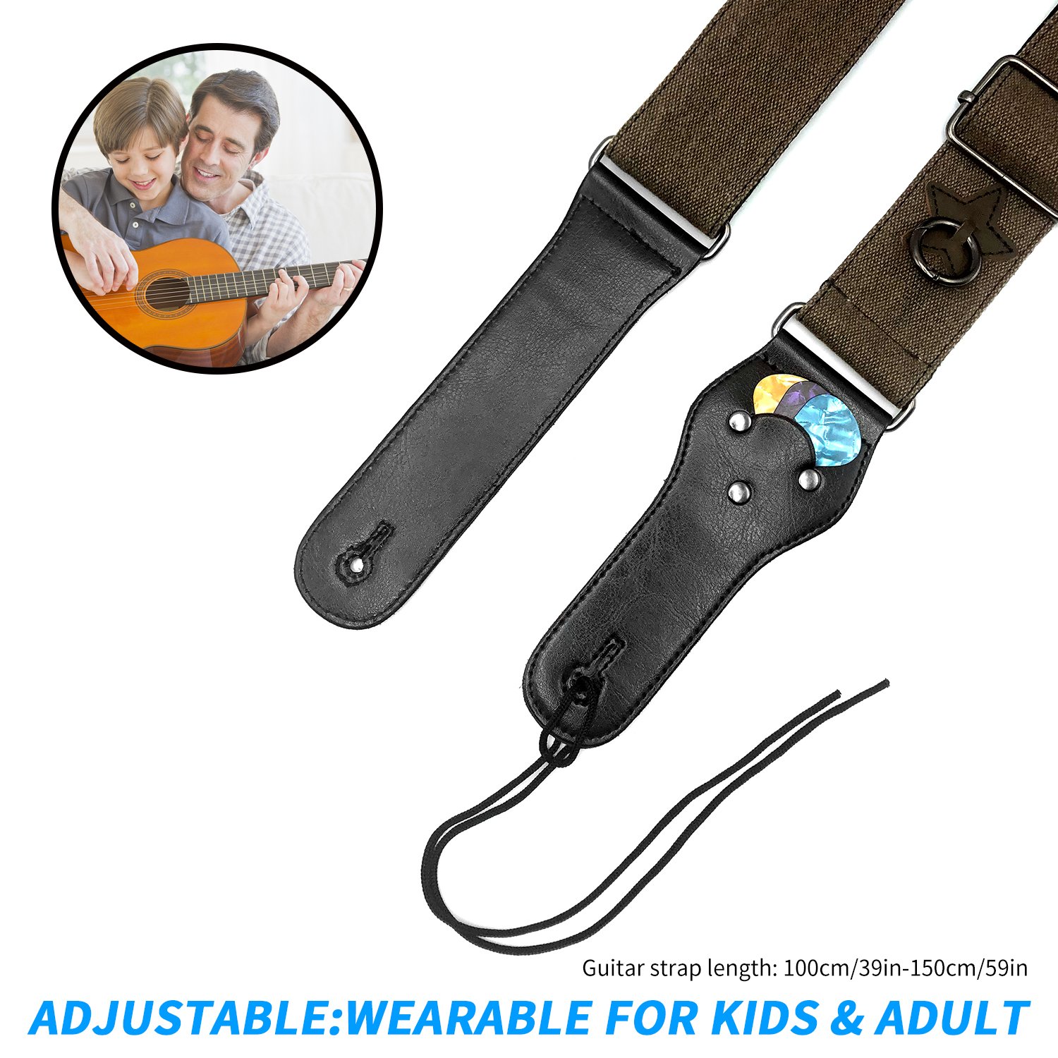 Kormest Adjustable Guitar Straps Acoustic - Denim Style With Leather Ends for Electric Bass Ukulele Including Guitar Capo+Safety Locks+Picks (Coffee,2\'\')