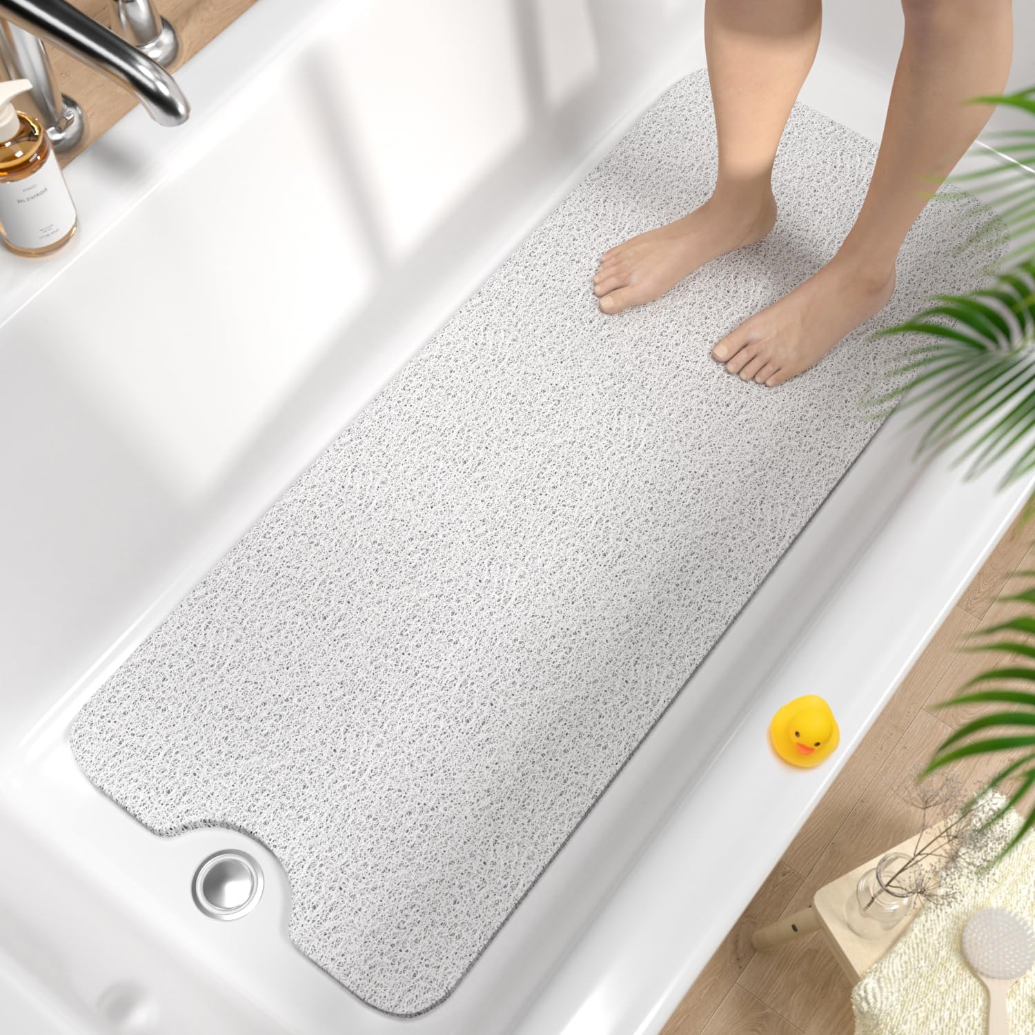 HITSLAM Non Slip Bath Mat 100 x 40 cm, Extra Long Shower Mats for Inside Shower, Soft PVC Loofah Bathtub Mat with Drain, Quick Drying shower mat for Wet Area, Without Suction Cup, White