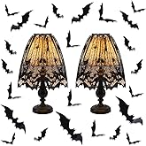 Mudder 2 Pcs Halloween Lamp Shade Cover Black Lace Spider Web Lampshades | Black Lace Spider Web Topper Decoration with 60 Pieces 3D Bat Stickers for Halloween Party Indoor Decor