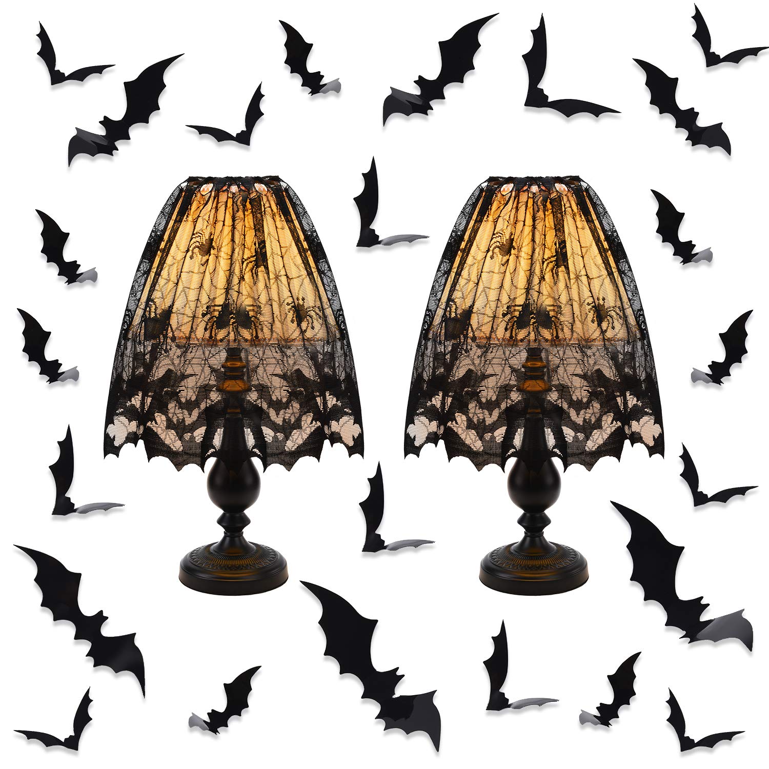 Photo 1 of 2 Pieces Halloween Lamp Shade Cover Black Lace Spider Web Lampshades Cover Topper Decoration with 60 Pieces 3D Bat Stickers for Halloween Party Indoor Decor