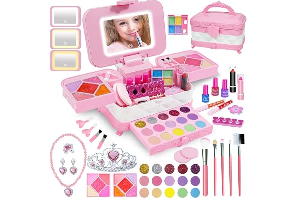 YasinKidz 60 in 1 Kids Makeup, Kids Makeup Kit for Girls with 3-Color Led Makeup Mirror Real Washable, Perfect Girl Birthday