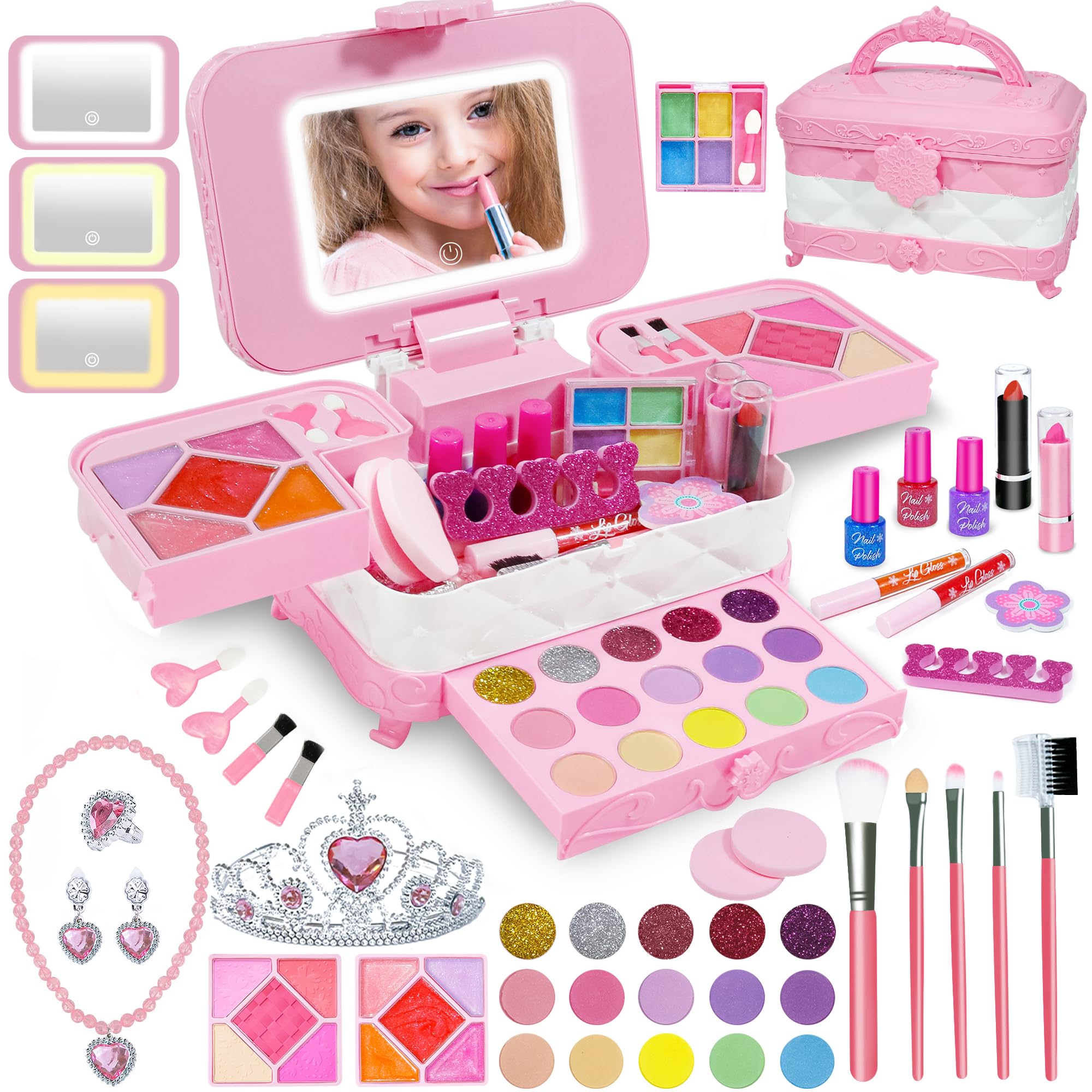 Photo 1 of YasinKidz 60 in 1 Kids Makeup Kit, with 3-Color Led Makeup Mirror Real Washable Kids Makeup Sets for Girls 5-8, Perfect Girl Birthday Gift, Age 3+