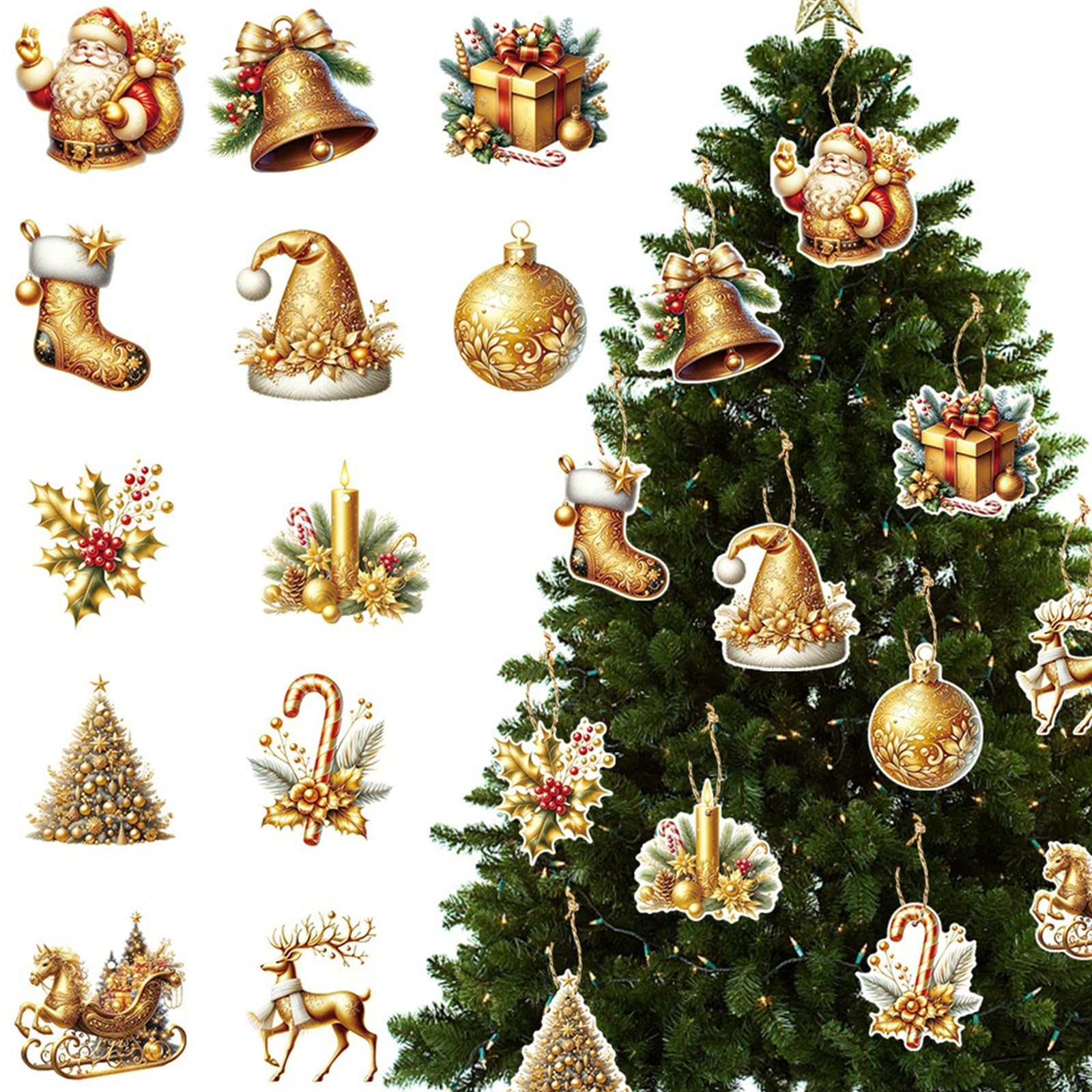 12Pcs Gold Christmas Decorations, Santa Xmas Tree Ornaments Hanging Set, Gold Santa Pendants for Indoors Winter Holiday Party Supplies