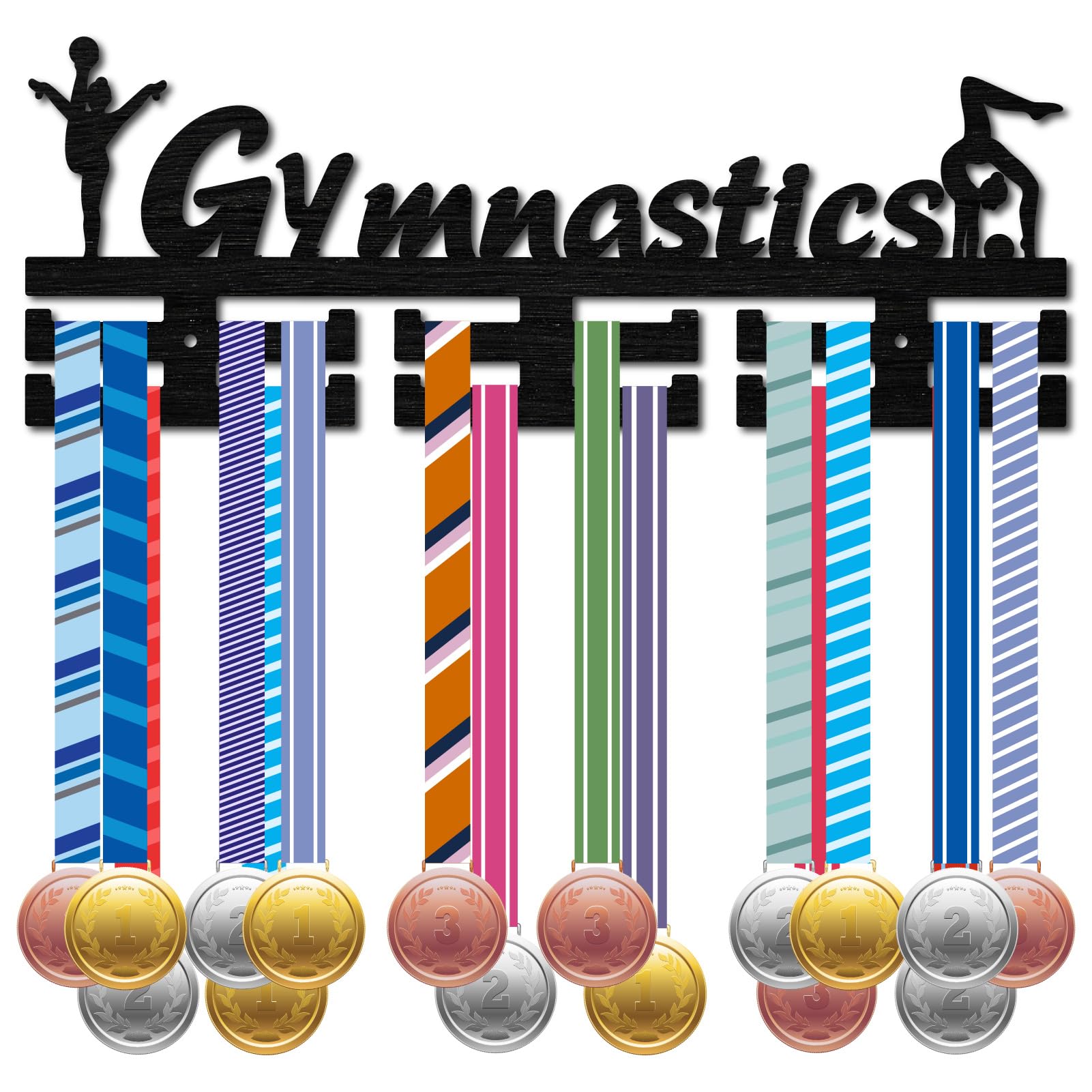 CREATCABIN Gymnastics Medal Holder Hanger Display Medal Wall Hanger Frame Shelf Wooden Medals Rack Black Wall Mount Decor Medal Awards Ribbon Lanyard Organizer for Sport Race Cheer 15.7 x 6Inch