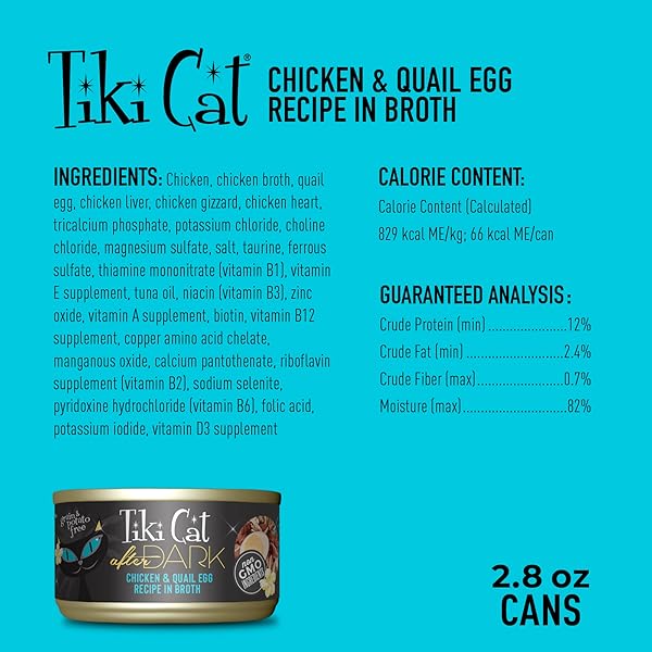 TIKI CAT AFTER DARK, CHICKEN & QUAIL EGG, HIGH-PROTEIN AND 100% NON-GMO INGREDIENTS, WET CAT FOOD FOR ADULT CATS, 2.8 OZ. CAN (12 COUNT)