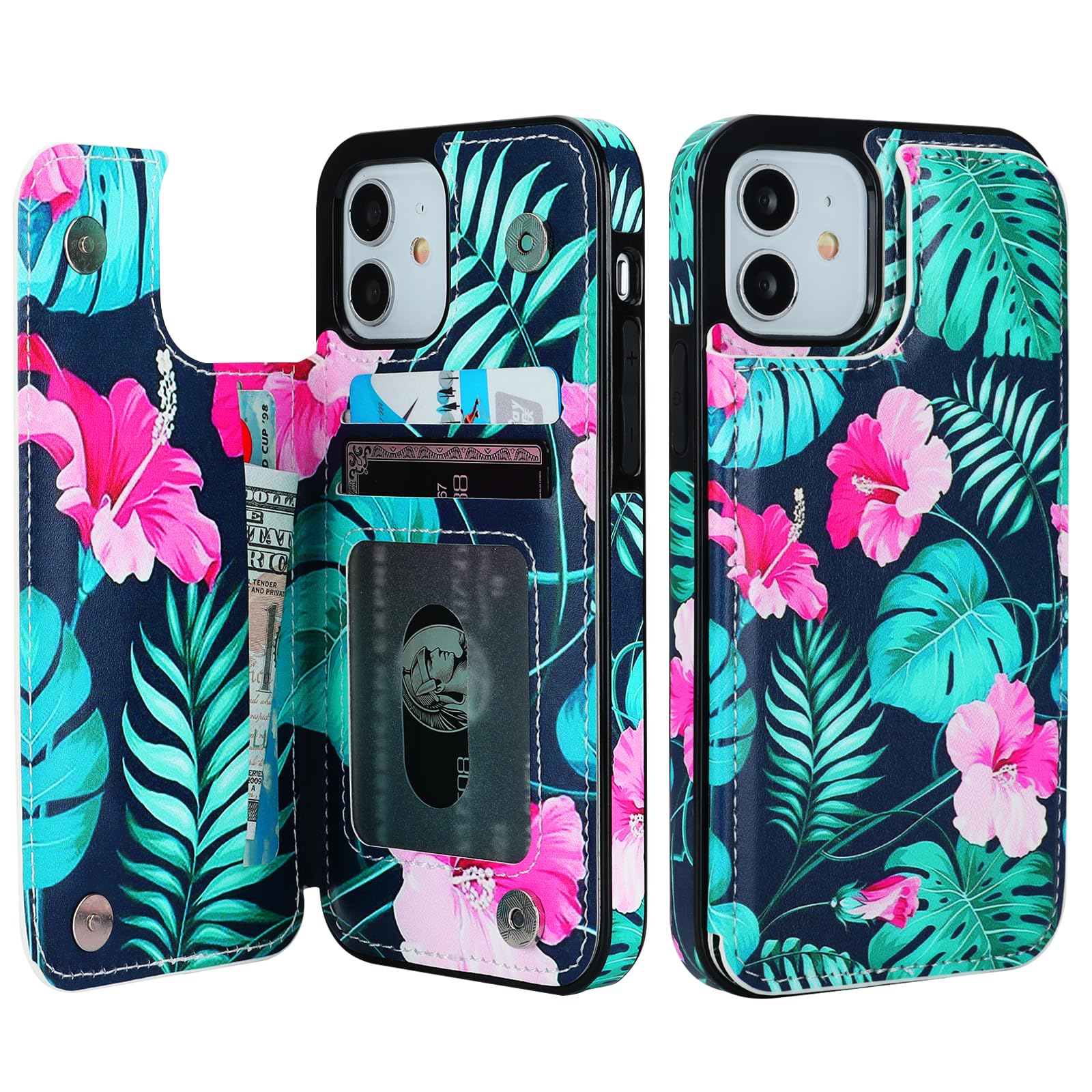 HAOPINSH for iPhone 12/12 Pro Wallet Case with Card Holder, Banana Leaf Pattern Back Flip Case PU Leather Kickstand Card Slots Case for Women Girls, Double Magnetic Clasp Shockproof Cover 6.1"