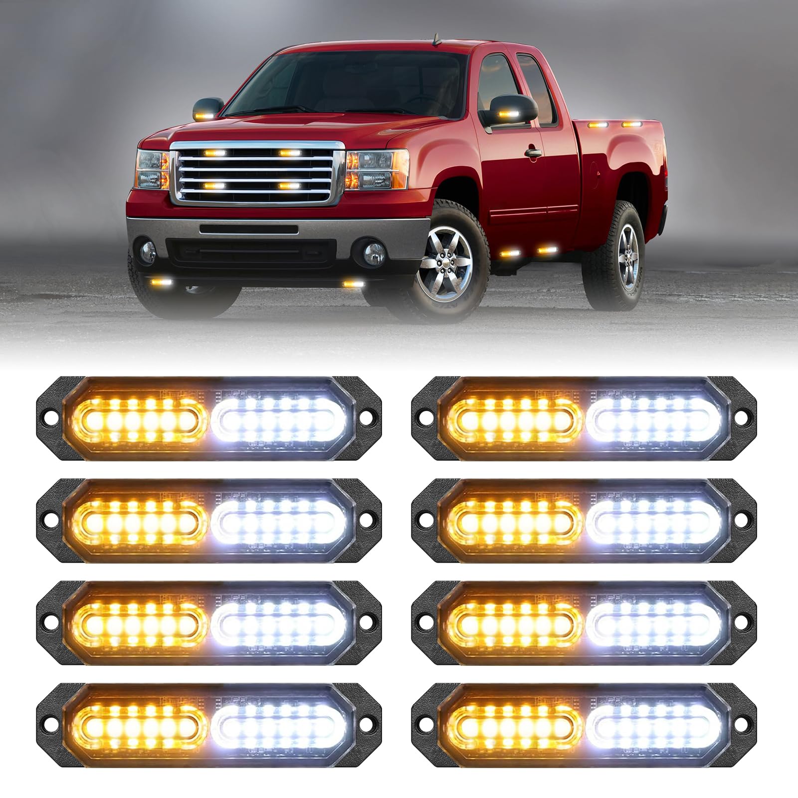Photo 1 of HLauto 1200T Emergency Strobe Grille Lights: 8pcs 12 LED Sync Feature Safety Warning Flashing Lights, Ultra Slim Surface Mount Hazard Caution Light for Trucks, Vehicles, Car, ATV, UTV (Amber White)