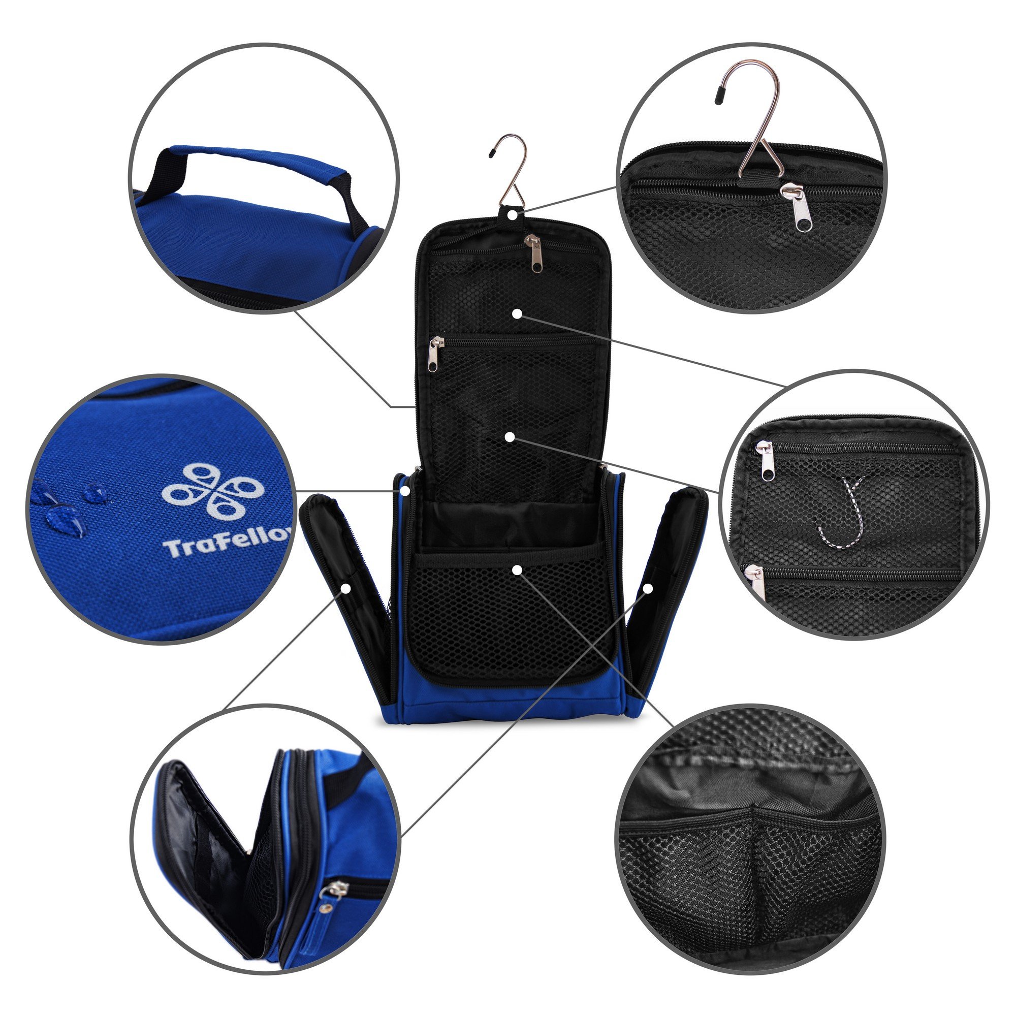 Petite trousse de toilette premium, ultra spacieuse | Kit de voyage compact avec crochet, pour hommes/femmes | Sac de toilette résistant à l'eau (bleu)