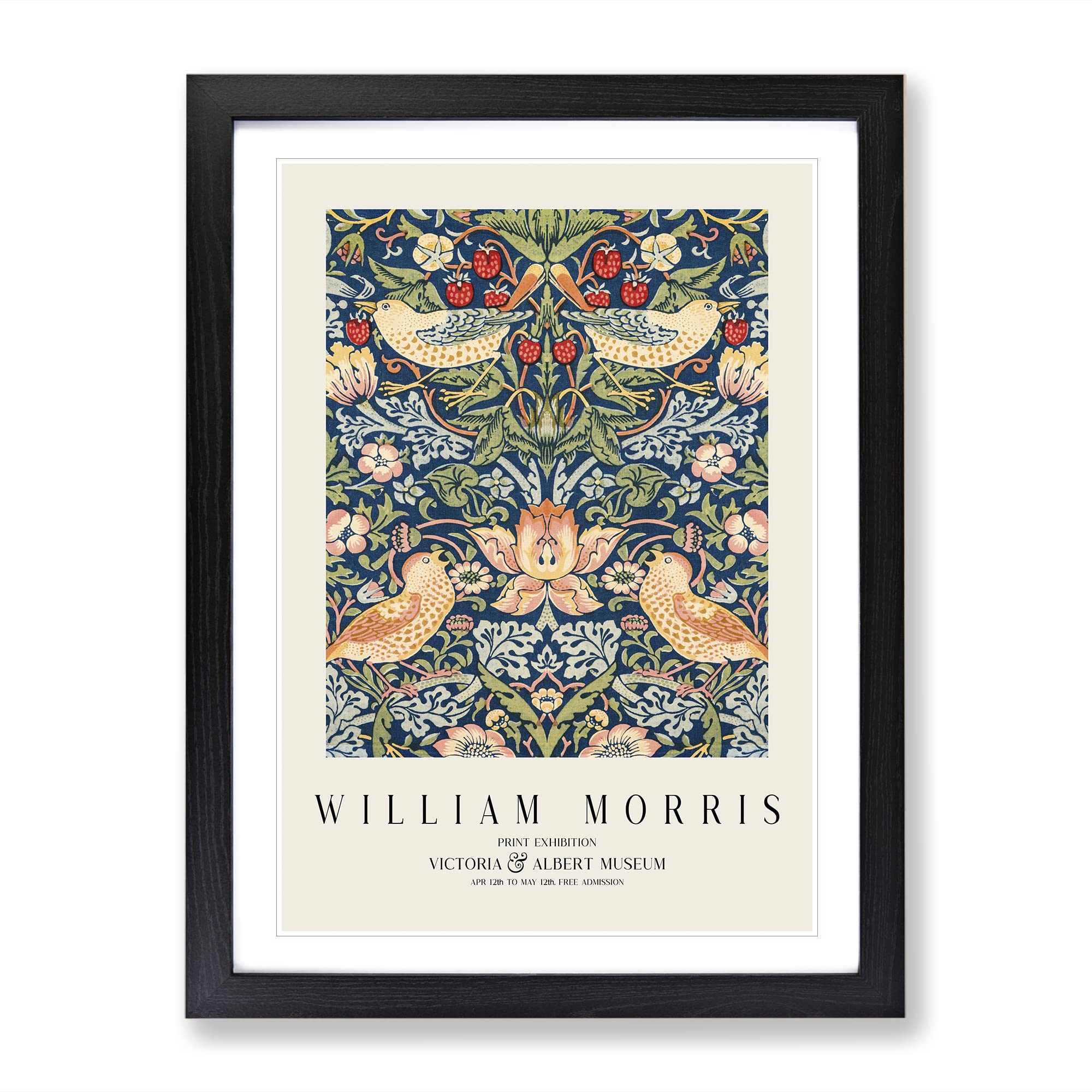 Strawberry Thief Vol.1 By William Morris Exhibition Museum Painting Framed Wall Art Print, Ready to Hang Picture for Living Room Bedroom Home Office Décor, Black A4 (34 x 25 cm)