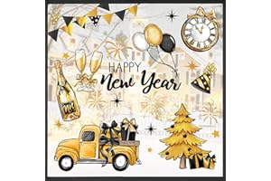 Mfault Happy New Year 2026 Window Clings, Black Gold Truck Christmas Tree Champagne Clock Stickers Decals Decorations, Winter Balloon Fireworks Celebration Home Living Room Kitchen Decor