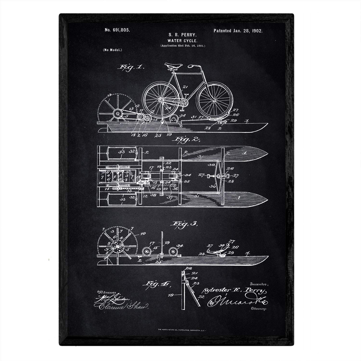 Nacnic Poster patented water bike. Sheet with old design patent A3 size with black background — image 1