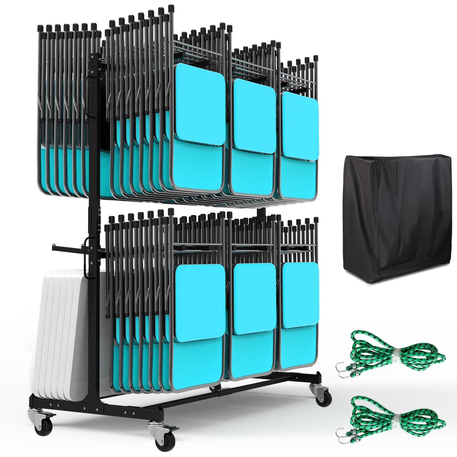 Photo 1 of Eastrexon Updated Folding Chair Rack, Heavy-Duty Folding Chair Cart w/ 4 Swivel Wheels, Holds 12 Tables or 84 Chairs, Up to 1000 LBS Capacity, 2 Binding Ropes, 1 Dust Cover, 72“L x 33”W x 74”H, Black