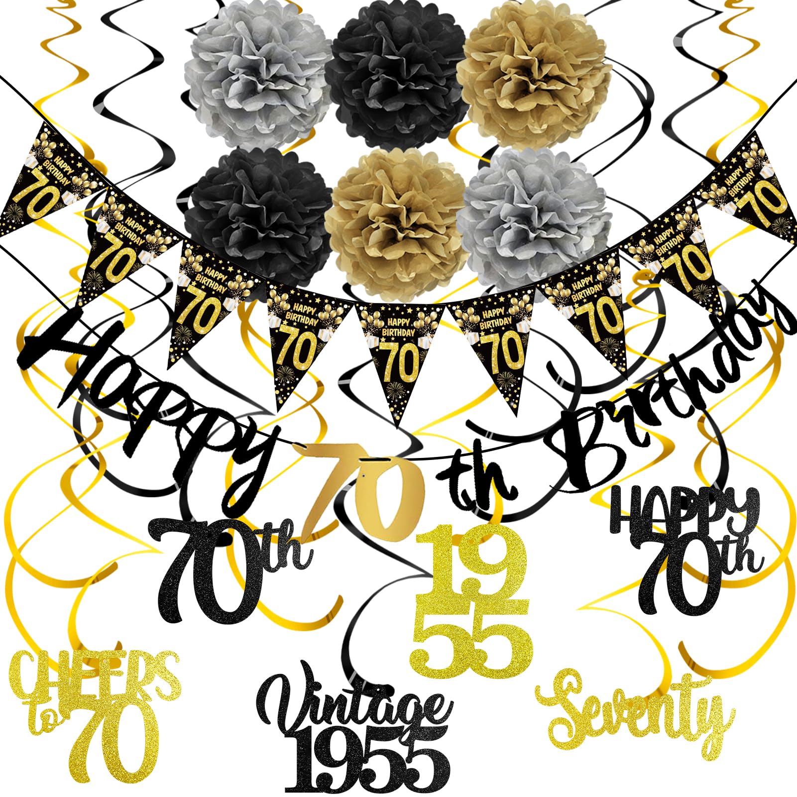 Photo 1 of Uiorgui 70th Birthday Decorations for Men Women, 26PCS Black Gold 70th Birthday Party Decoration Pack, Happy 70th Birthday Banner Paper Pompoms Hanging Swirls Kit 1955 Birthday Party Supplies Set