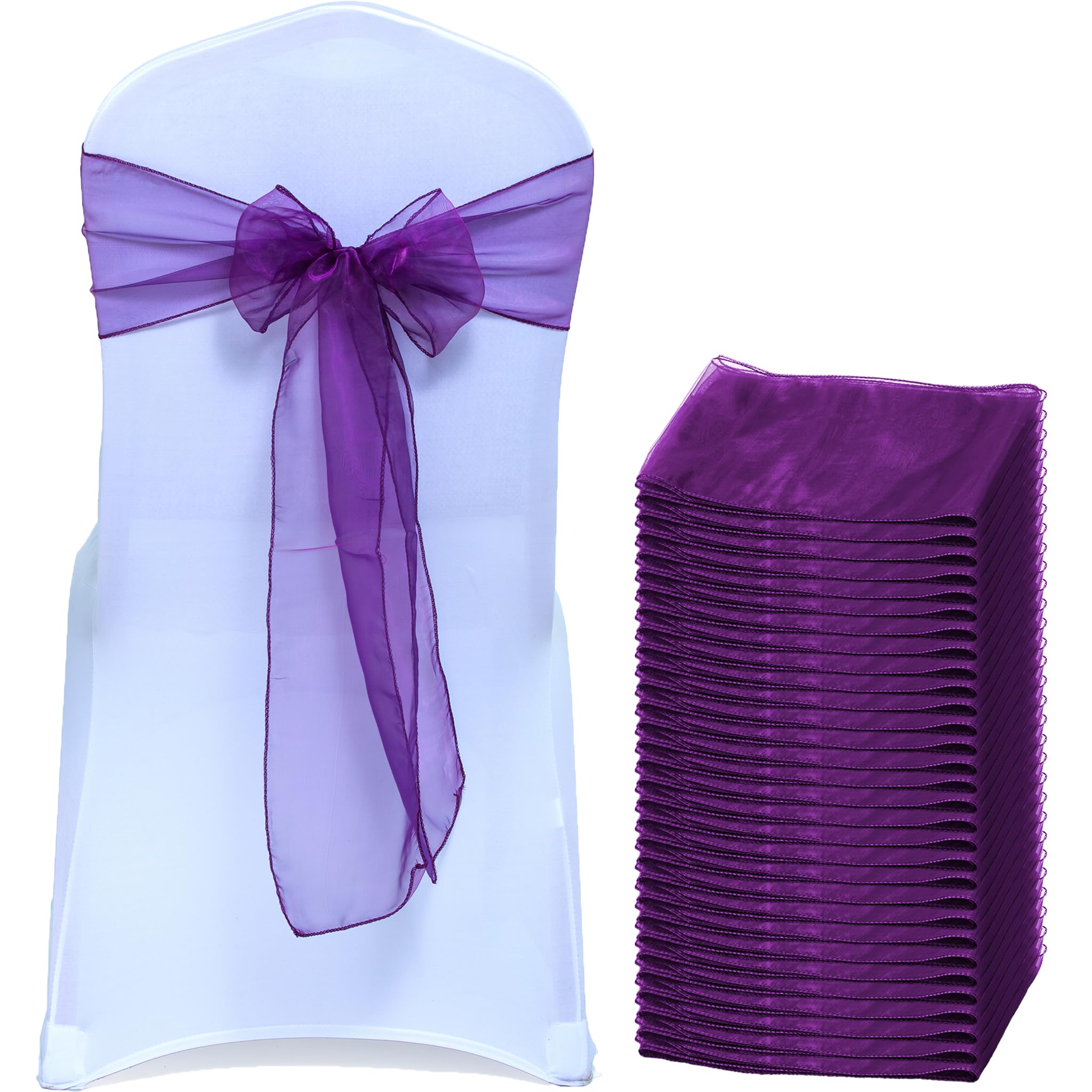 MDS Pack of 25 Organza Chair Sashes Bows for Wedding Reception Event Banquets Chair Decoration, Restaurant Dinning Chair Cover Wider Sash Ribbon Tie Back Bulk Party Supplies - Dark Purple