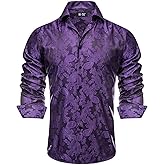 Hi-Tie Men's Wrinkle Free Inner Contrast Jacquard Long Sleeve Button Down Shirt