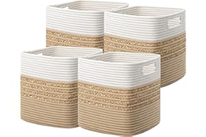 UBBCARE Set of 4 Storage Cubes 11 X 10.5 X 10.5 in, Water Hyacinth Storage Bins for Shelves, Toys, Book, Storage Baskets with Handles, Cotton Rope Woven Baskets for Organizing, Brown