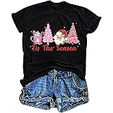 Christmas Shirts for Women Merry and Bright Shirt Xmas Tree Graphic Tee Christmas Short Sleeve Holiday Tops