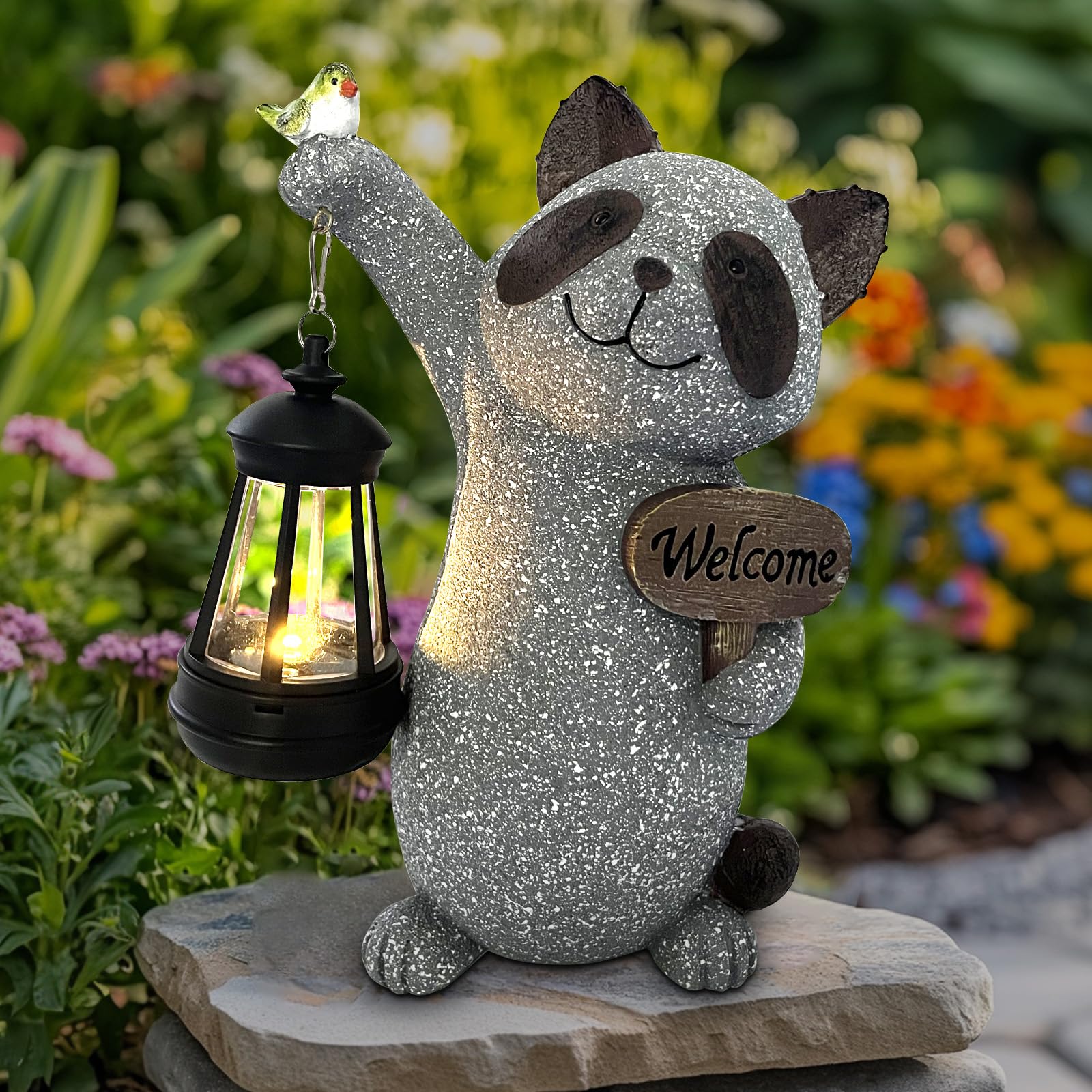 Photo 1 of LawnIdyll Raccoon Garden Statue with Solar Lantern, Cute Raccoon Figurine Light with Welcome Sign and Bird for Outdoor Patio Balcony Yard, Unique Resin Statue for Mom Grandma Women