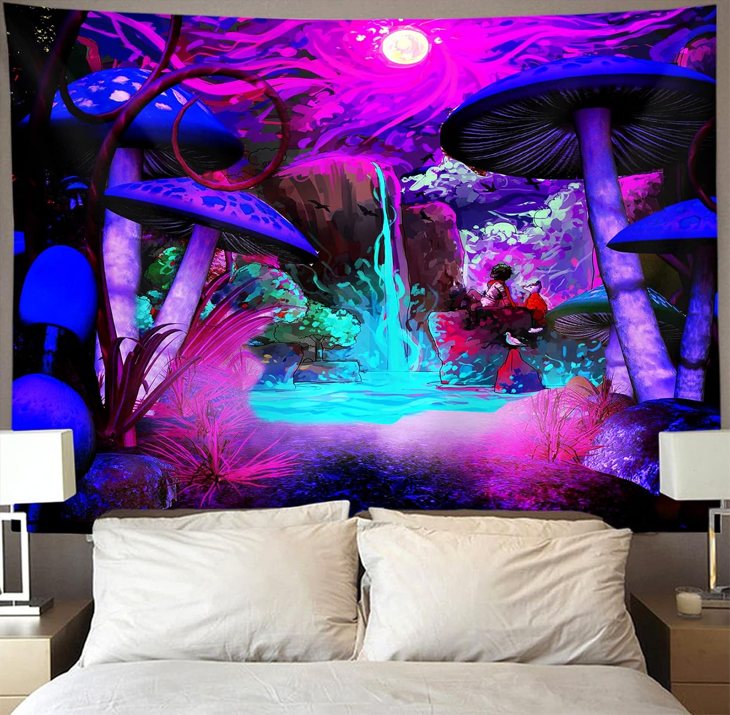 Tapestries - NiYoung Cool Mushroom Tapestry Wall Hanging Hippie Nature Waterfall Landscape Tapestries Full Moon Mountain Aesthetic Art Decor Black Light Poster for Bedroom Living Room Dorm Purple 40x60
