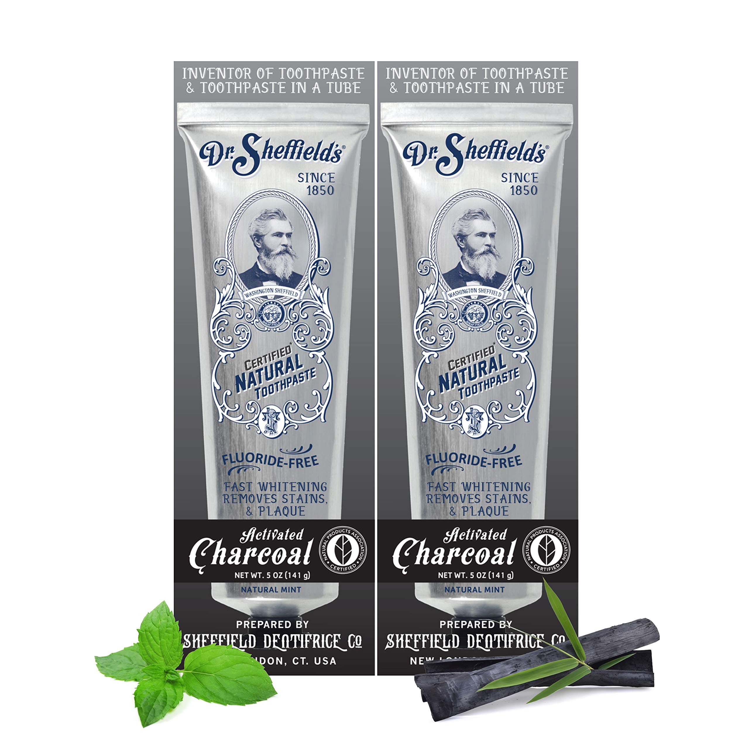 Dr. Sheffield’s Certified Natural Toothpaste (Charcoal) - Metal Tube, Great Tasting, Fluoride Free Toothpaste/Freshen Your Breath, Whiten Your Teeth, Reduce Plaque (2-Pack)