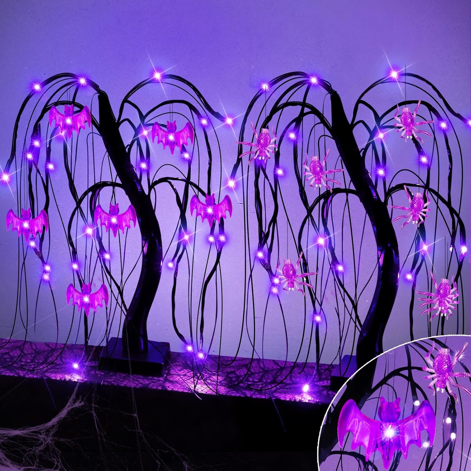 Trees - [Timer & 2 Pack] Halloween Tree Willow Tree Decoration with 48 Purple Lights DIY Spiders & Bat Battery Operated 18 Inch Black Halloween Trees Spooky Tree Halloween Decorations Indoor Home Party