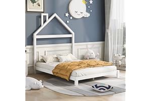 Merax Kids Beds with House Frame Headboard Full Size, Fun Wood Bed for Boys,Girls, No Box Spring Need (Full, White)
