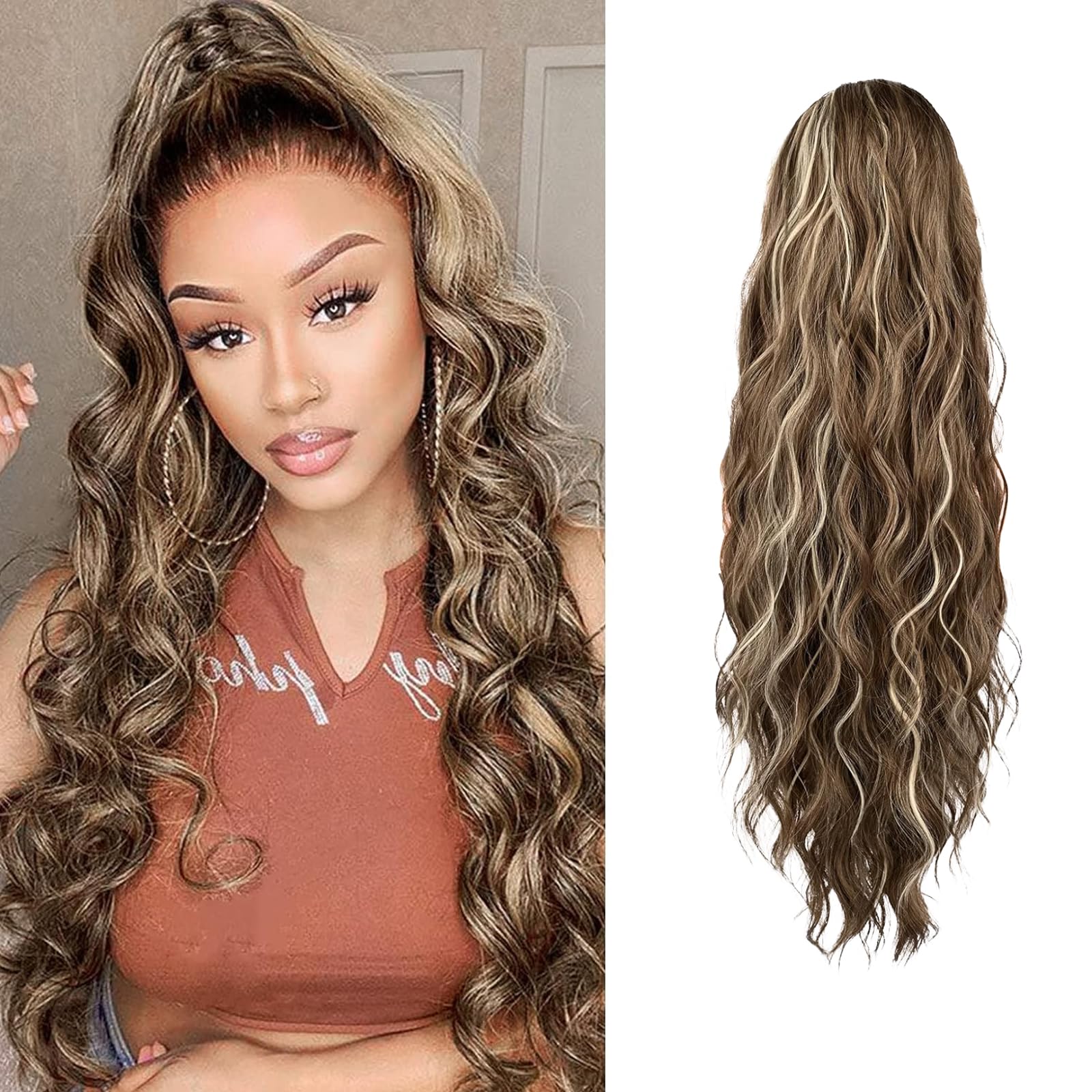 Jupmov Ponytail Extension, 26 Inch Drawstring Ponytail Hair Extensions for Women, Long Curly Wavy Ponytail Natural Wavy Synthetic Hairpiece for Women (26 Inch Medium Brown Ash Blonde)