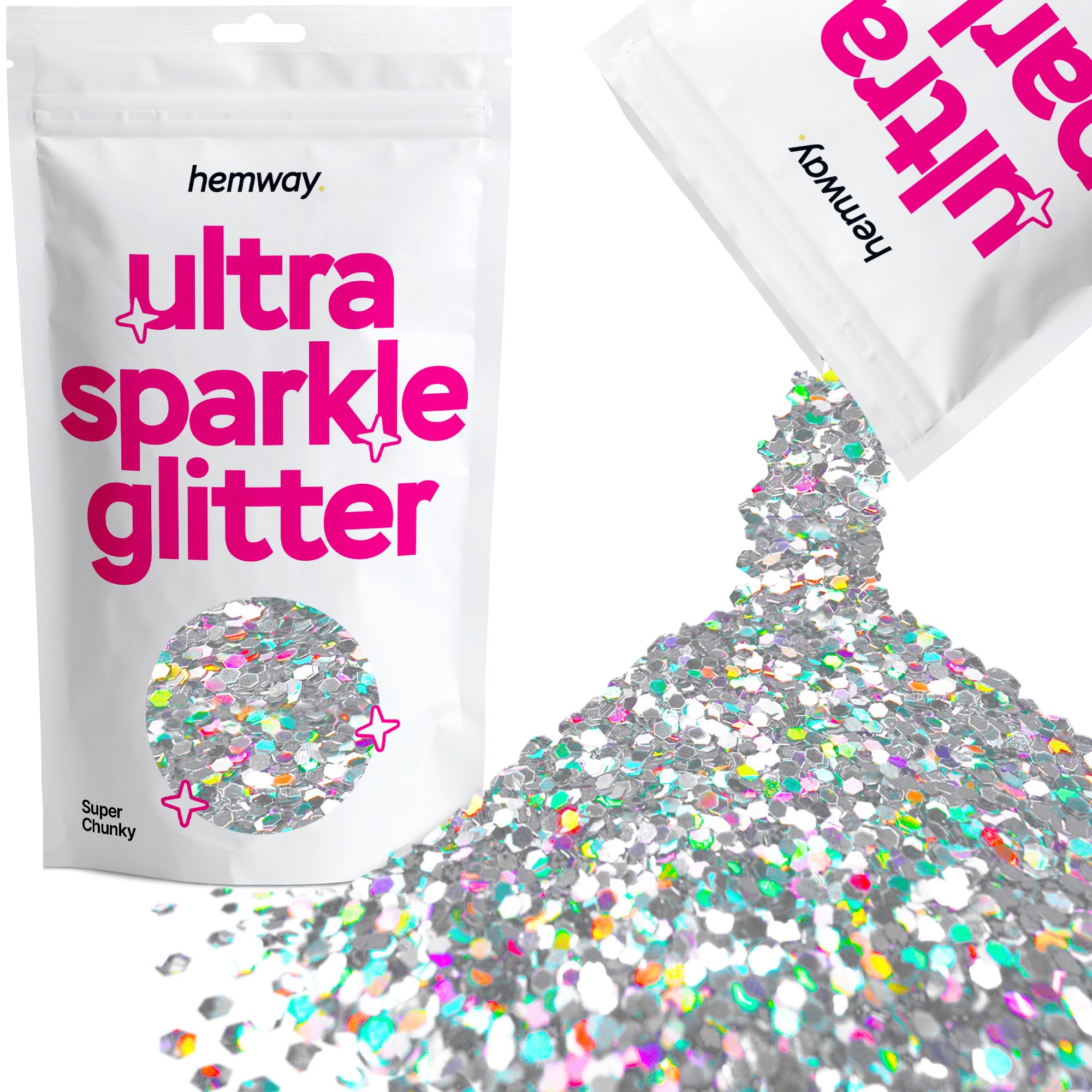 Hemway Ultra Sparkle Glitter Silver Holographic 100g Super Chunky | Glitter for Arts & Craft, Makeup, Nail Art, Crafting, Card Making, Sparkle Decoration