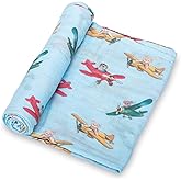 LollyBanks Muslin Swaddle Blankets, 100% Cotton Breathable Baby Blanket for Boys and Girls, Soft and Lightweight 47 x 47 Inches Newborn Swaddle Wrap, Baby Essentials Must Haves (Plane and Bear Print)