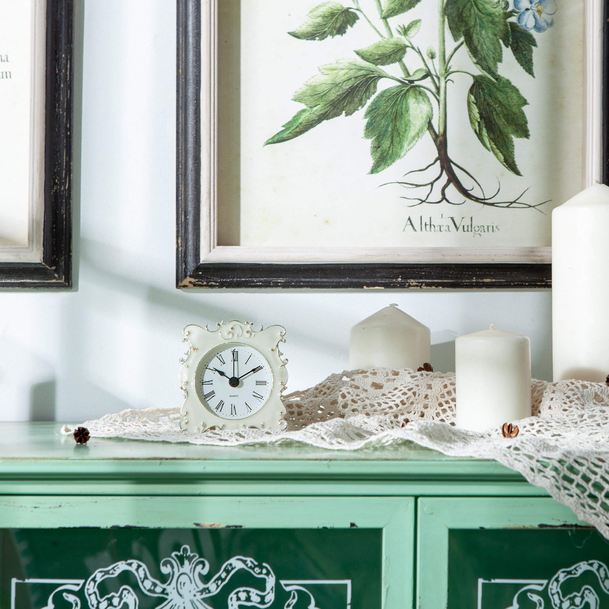 NIKKY HOME Pewter Pretty Small and Cute Vintage Table Clock with Quartz Analog Crystal Rhinestone 3 Inch for Living Room Bathroom Decoration, White Enamel