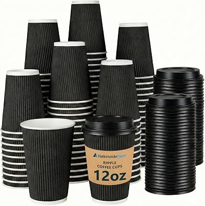Nationwide Paper 12oz Black Ripple Hot Cups with Lids - 50 Pcs