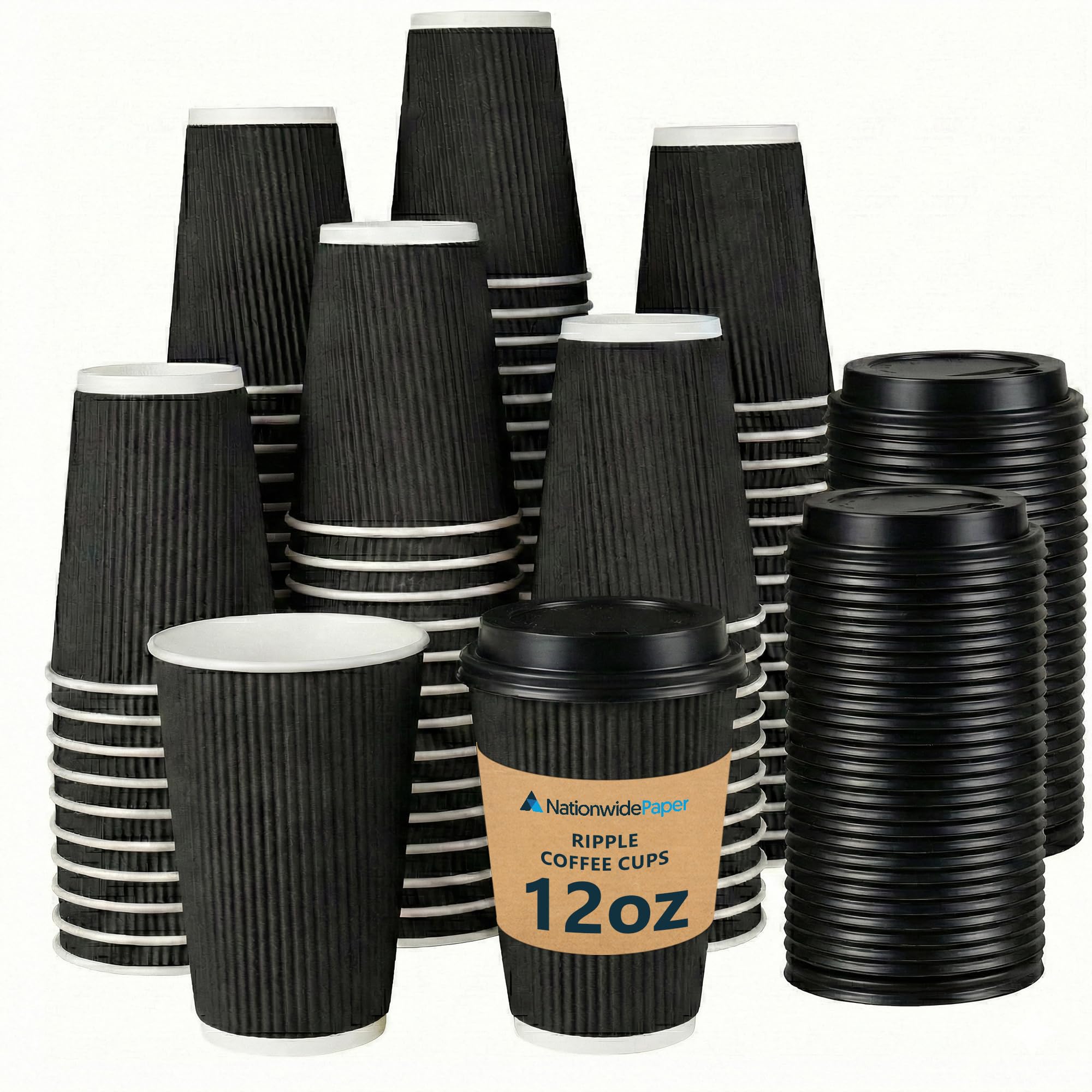 Nationwide Paper Coffee Cups with Lids, Insulated Ripple Hot Paper Cups, Disposable Cups for Takeaway Hot Drinks, (12oz-50 Pcs, Black)