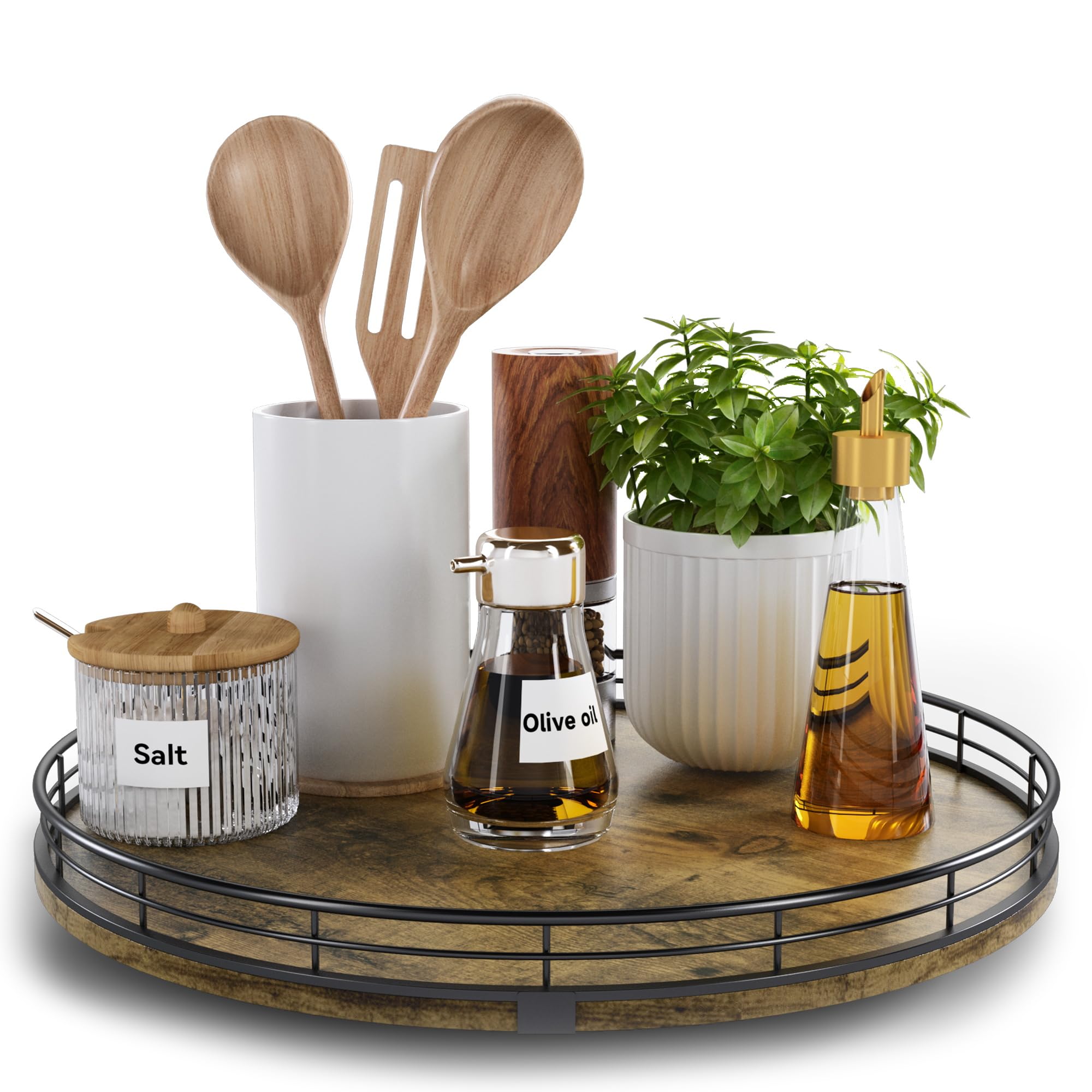 Photo 1 of Lazy Susan Turntable Organizer for Table Top, 13’’ Round Wooden Lazy Susan for Cabinet Kitchen Countertop Pantry Dining Coffee Table for Condiments Spices, Rustic Bathroom Vanity Tray for Soap Candle