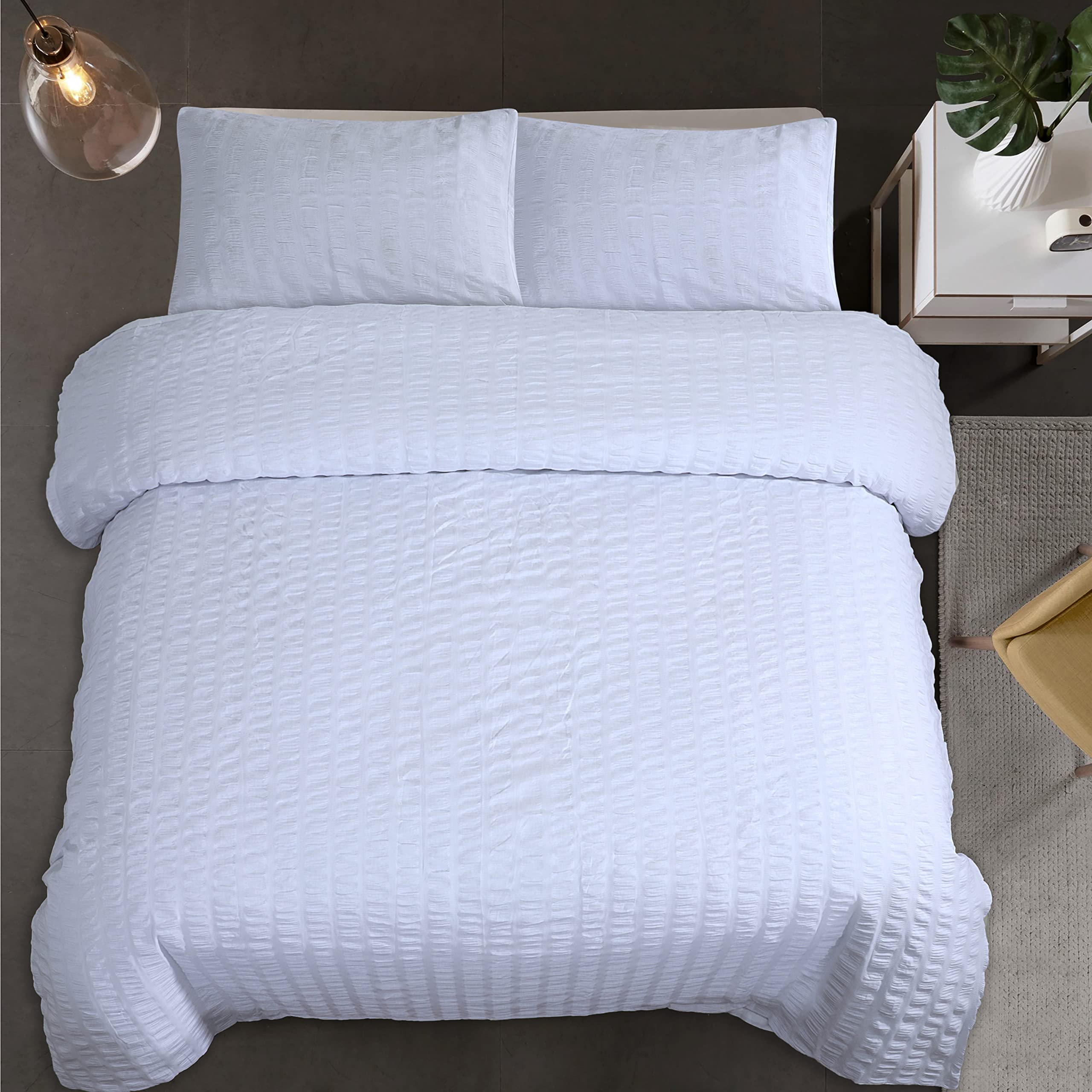 Belle Home White Seercucker Duvet Cover Double With Matching Pillowcases Quilt Cases Bedroom Bedding & Linen Set