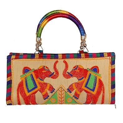 Craft Trade Handmade Designer Rajasthani Printed Clutch Bag For Women (Cream1)