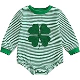 Karuedoo Newborn Baby Boy Girl St Patricks Day Outfit Clover Embroidery Striped Long Sleeve Bubble Romper Waffle Bodysuit