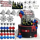 Tyotrbs Spider Cake Topper Spider Web Cake Decoration Spiders Theme Cake Decor Happy Birthday Toppers Stars Red Blue Balls Cupcake Topper for Hero Party Supplies