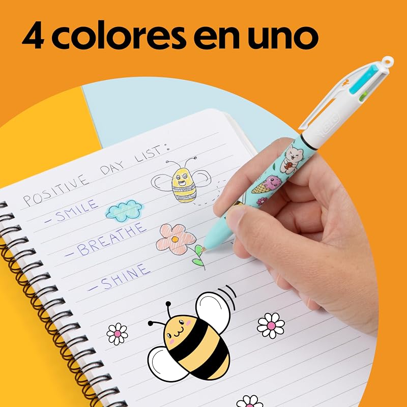 4 Cores Decors Série Kawaii Caneta Retrátil de Ponta Média (1,00 mm) em cores alegres de tinta + Decoração de empunhadura para marcador BIC Ponta chanfrada - Vários designs Kawaii, Pack de 4
