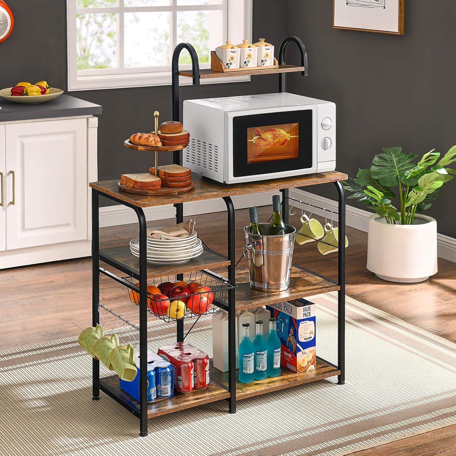 Mr IRONSTONE Kitchen Baker's Rack Utility Storage Shelf 35.5" Microwave Stand 4-Tier+3-Tier Shelf for Spice Rack Organizer Workstation(Rustic Brown) - Standing Baker's Racks