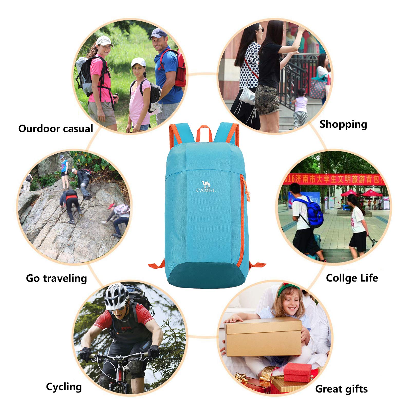 Camel 10L Lightweight Travel Backpack Outdoor Mountaineering Hiking Daypack with Durable & Waterproof (Sky Blue)