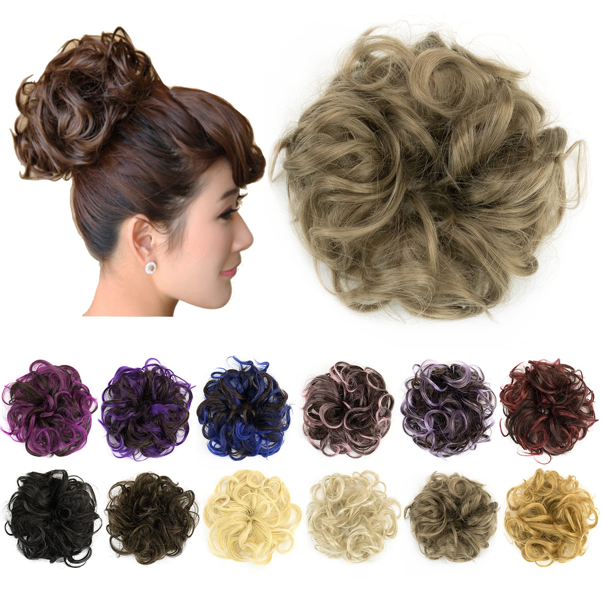 IMISSU 2PCS Messy Bun Hair Piece Updo Fake Scrunchies Ponytail Extension Wavy Curly Hairpieces Chignon Headband for Women (2PCS Grey Copper)