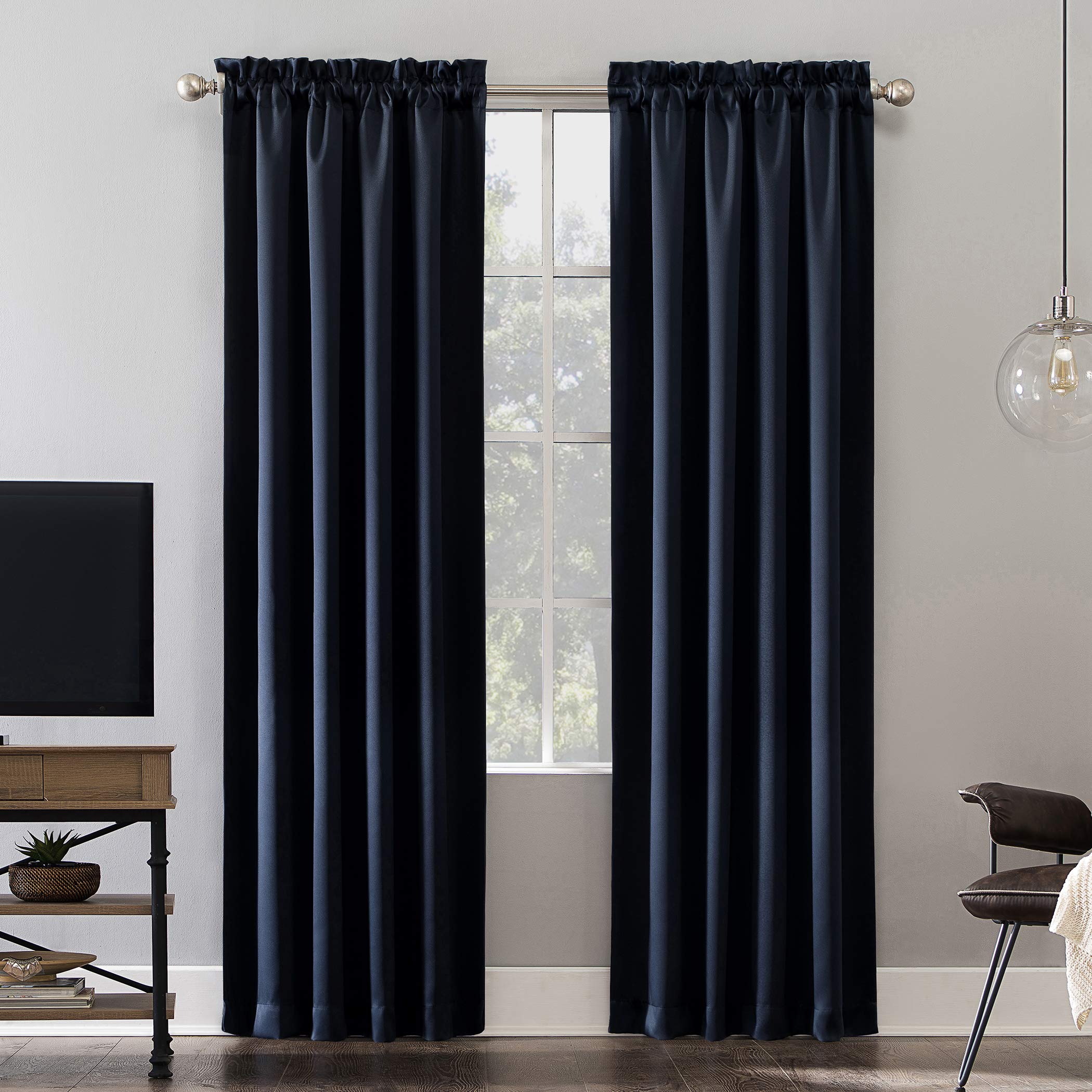 Sun Zero Theater Grade Extreme 100% Blackout Rod Pocket Curtain Panel, Polyester, Navy Blue, 52 in x 84